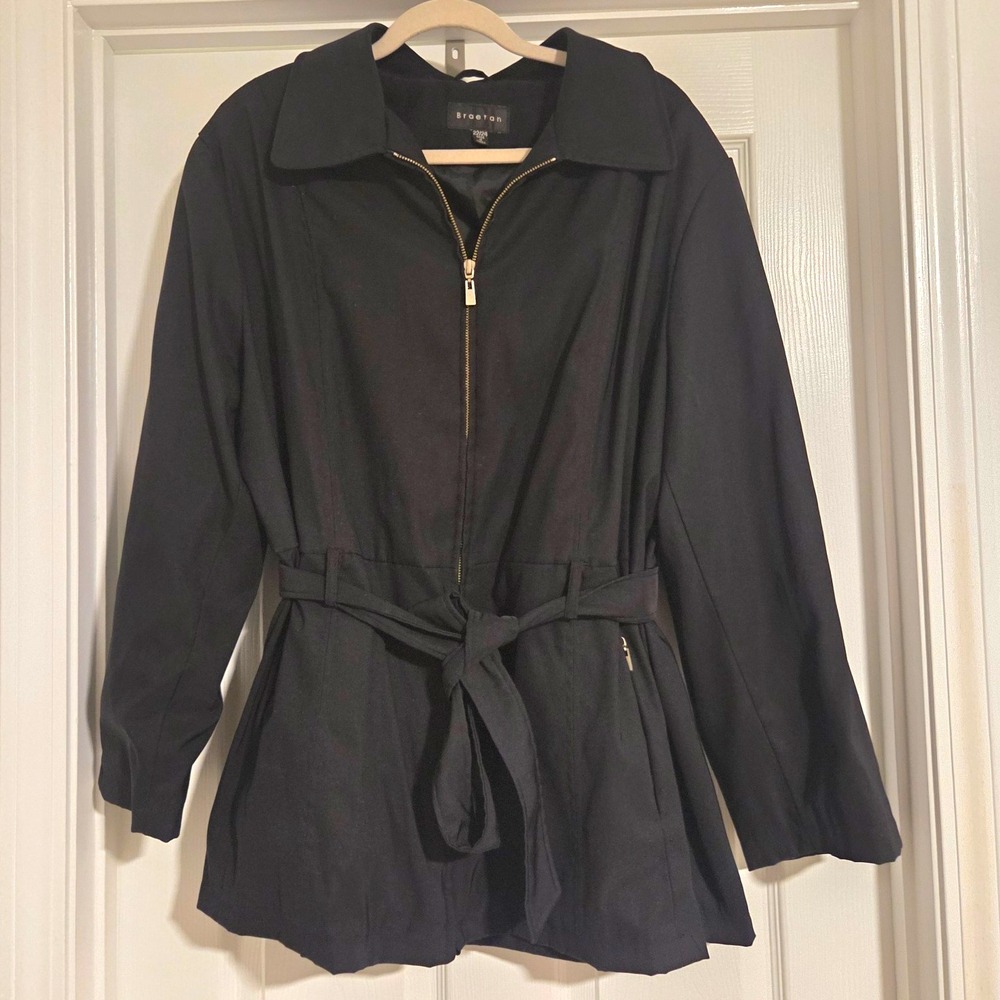 Braetan Women Jacket Black Full Zip Belted Trench Coat Flattering Lined Sz 22/24